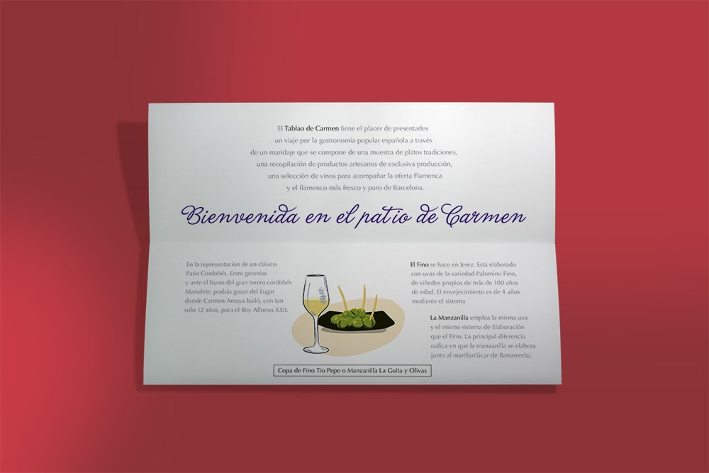 Diseño de menú maridaje del Tablao de Carmen. Interior.